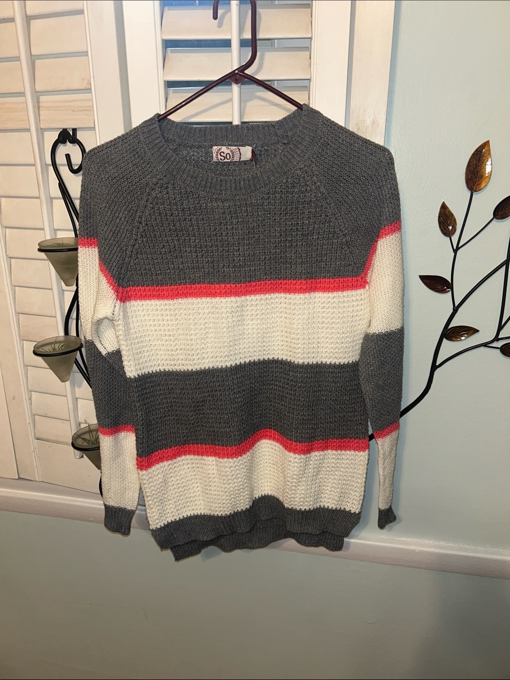 SO Juniors Gray, White & Pink Striped Crewneck Sweater